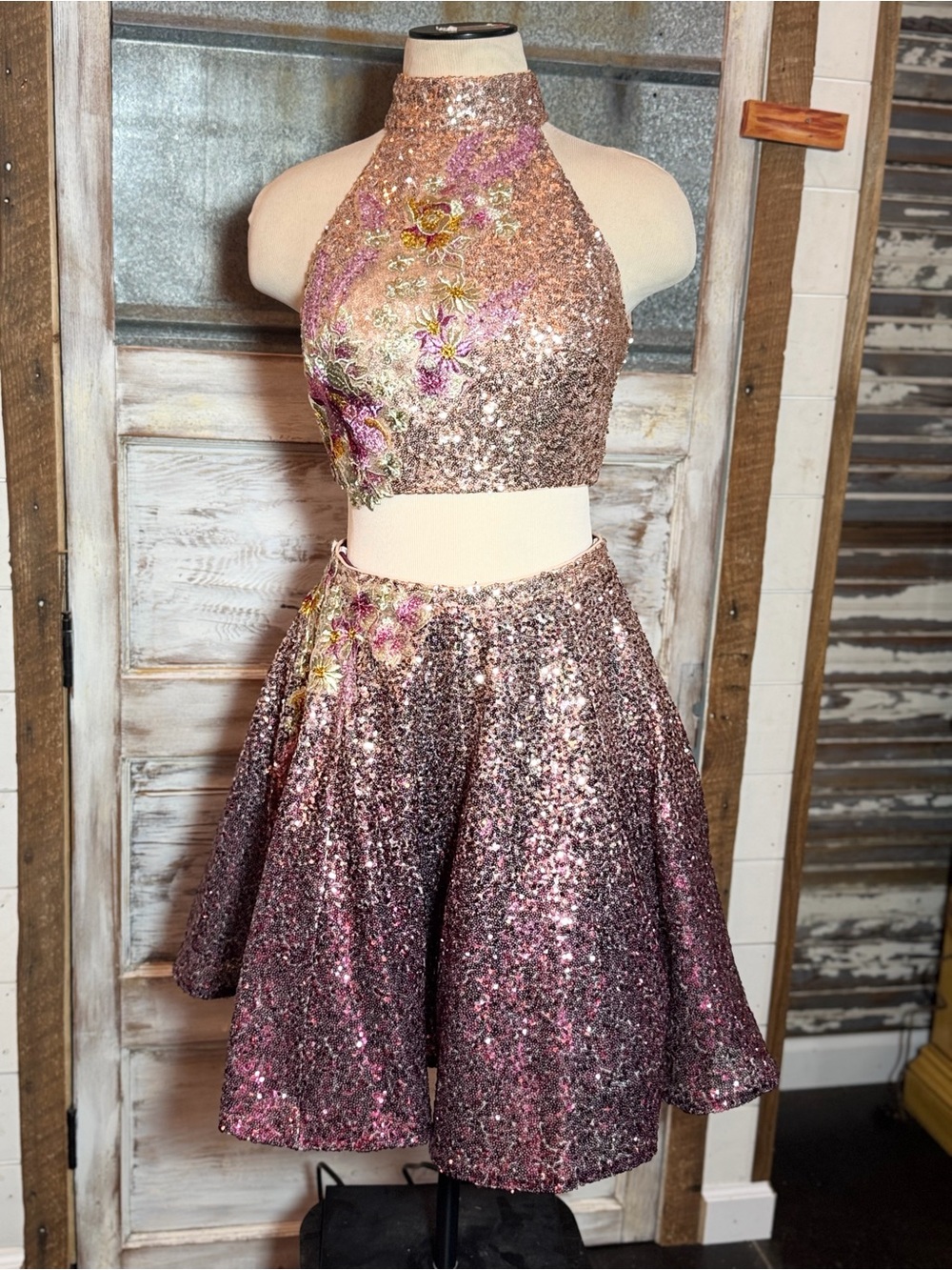 Jovani Rose Gold Sequin Halter Crop Top & Skirt for Homecoming